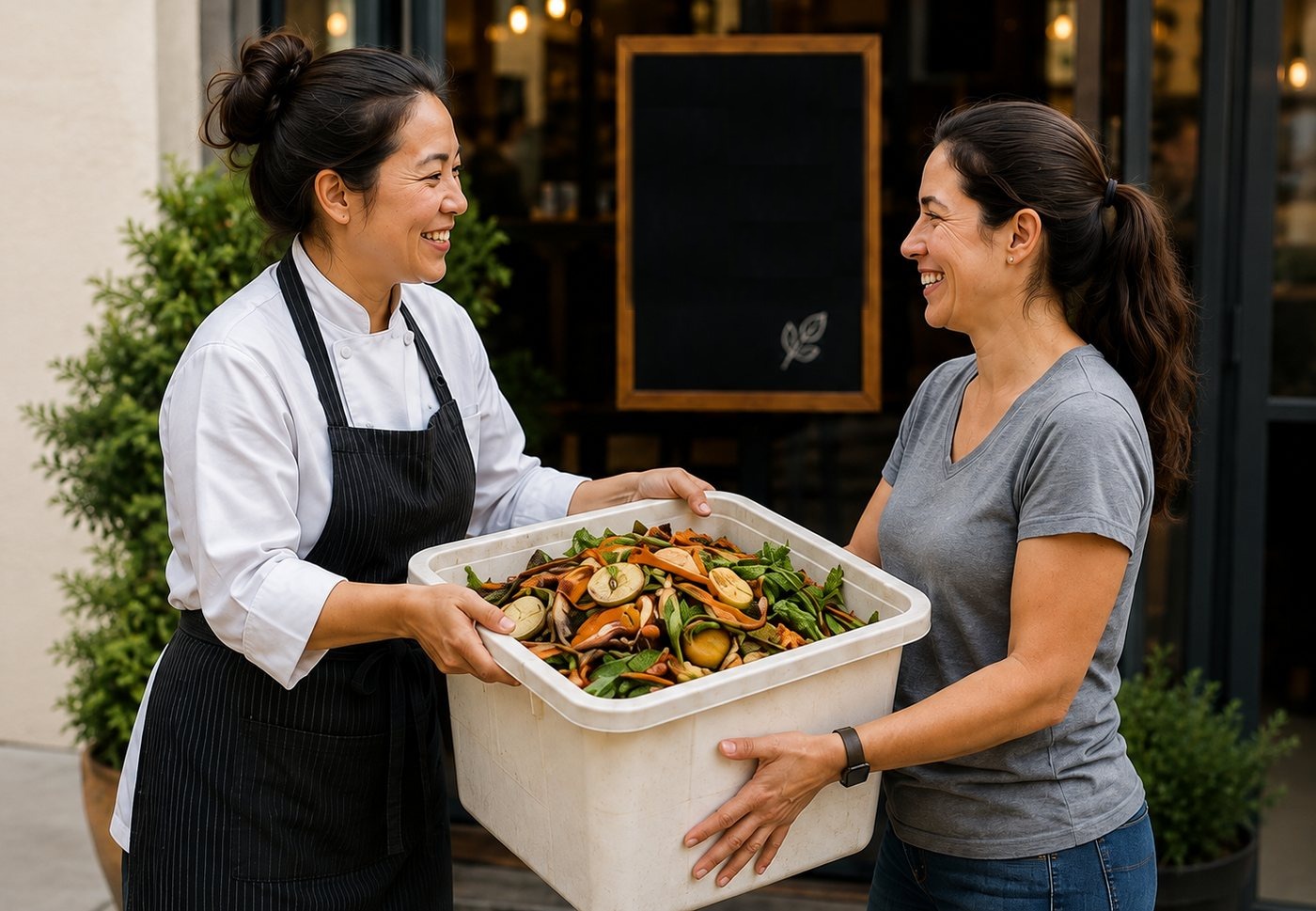 A café cook hands a bin of food scraps to a local composter at the back door.