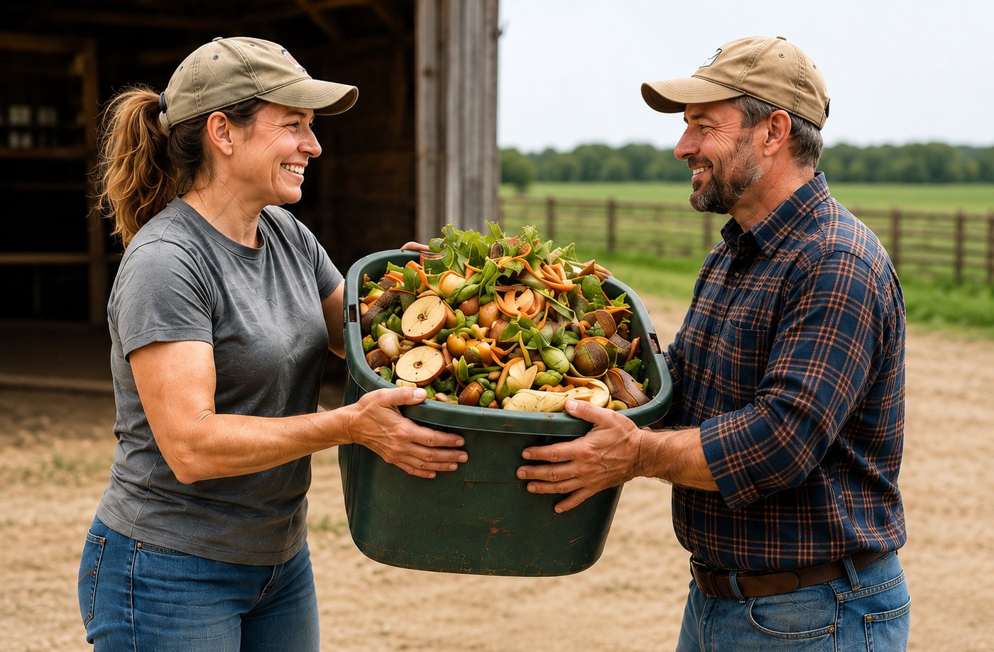 Two growers pass a bin of food scraps between them on a farm.