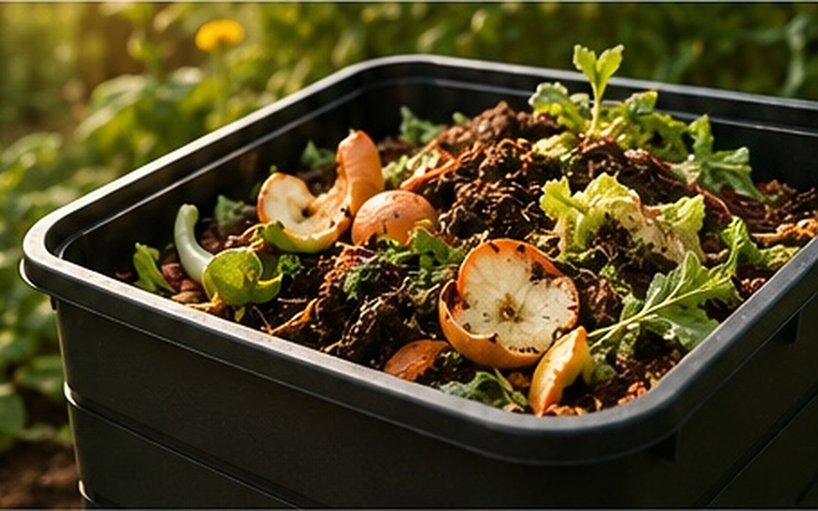 A bin of fresh food scraps and finished compost in a garden.