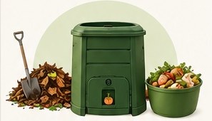 Compost bin with leaves and food scraps